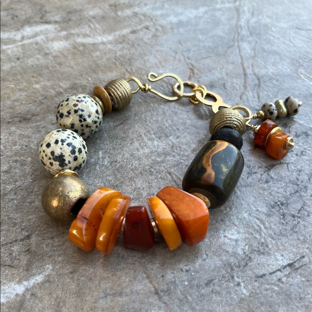 Sold Tribal Boho Bracelet Baltic Amber, Dalmatian Jasper, Bone, African Brass